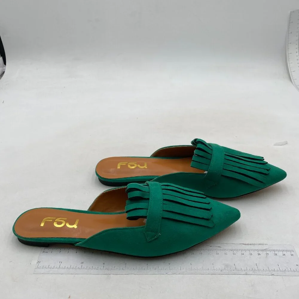 FSJ Womens Tassel Flat Mules Closed Pointed Toe, Loafers Backless Green Suede - Picture 3 of 7